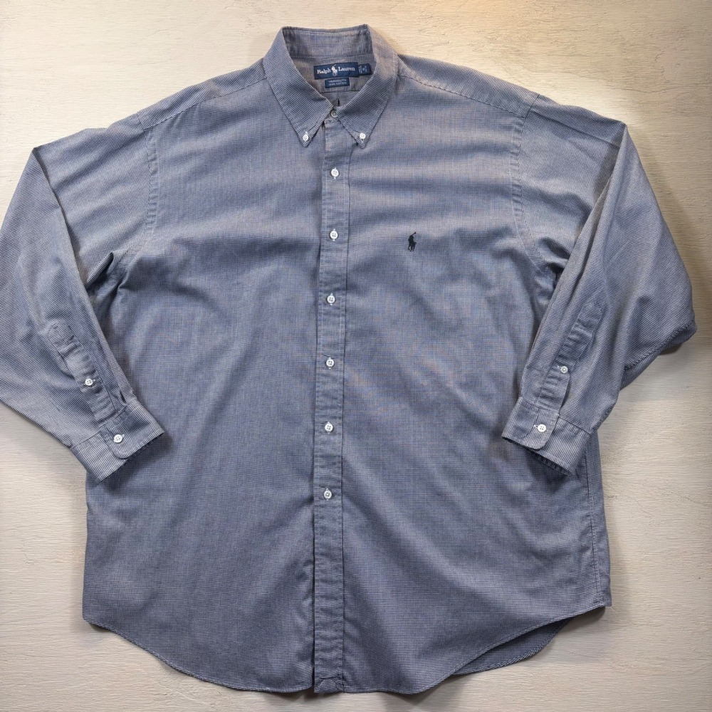 VTG Ralph Lauren Yarmouth Mens 18 34/35 Blue Houndstooth Button Down Shirt